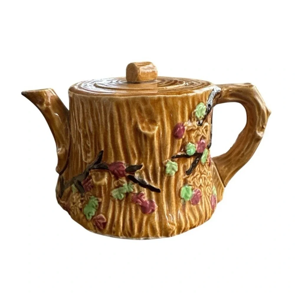 Vintage Majolica‎ Style Tree Bark Design Tea Pot Branches Leaves Blossoms Japan